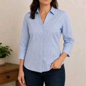 Womens Office Work Clothes Gold Label Non-Iron Blouse Blue Petites 10P Preppy